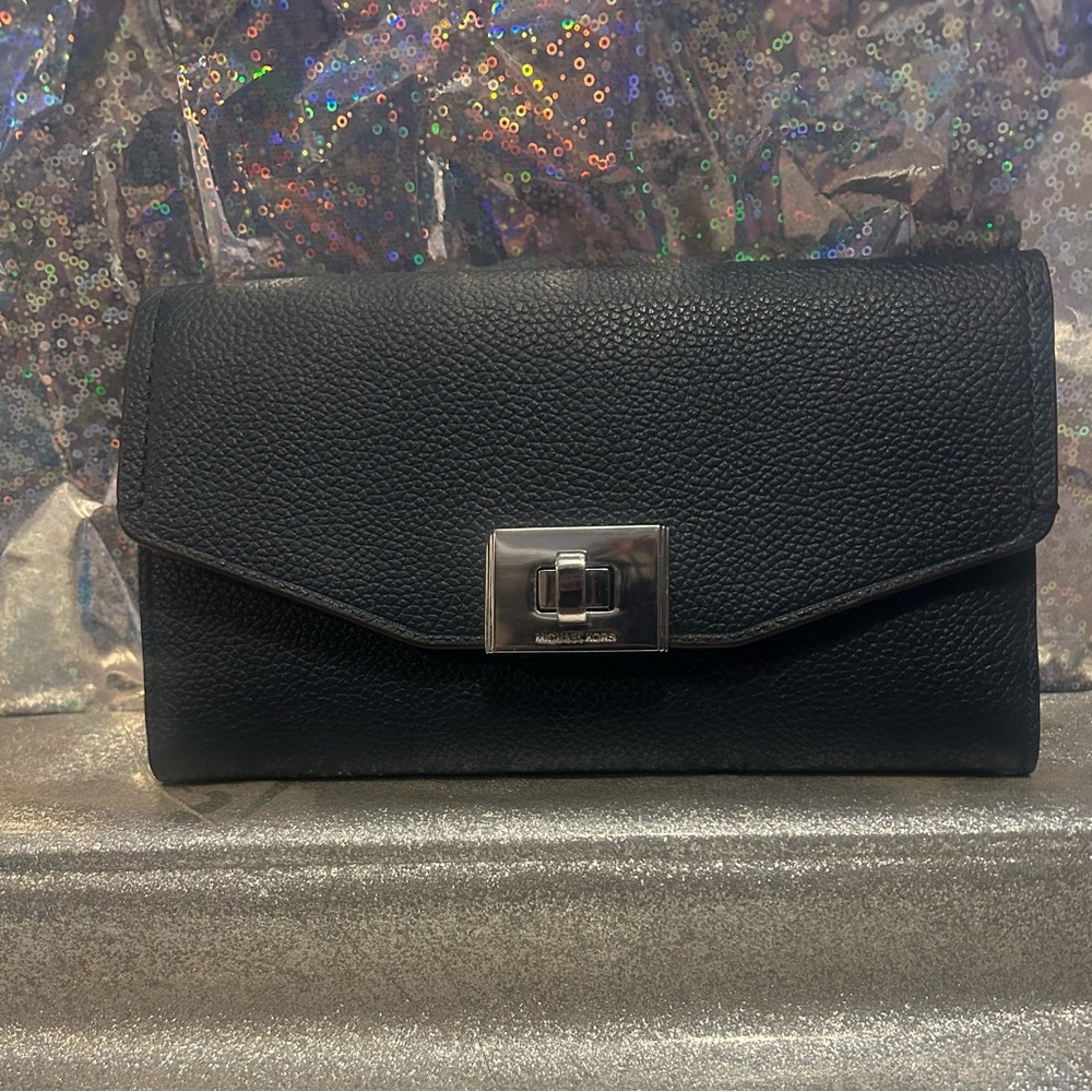 Michael Kors Navy Leather Wallet with Silver Clasp